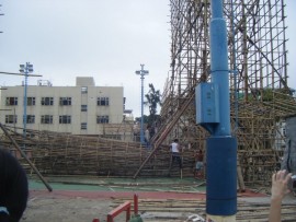 A skeleton of a bun tower being constructed for the approaching bun climbing festival.