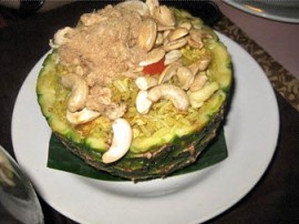 The amazing pineapple fried rice (displayed in a pineapple) at Phukets.