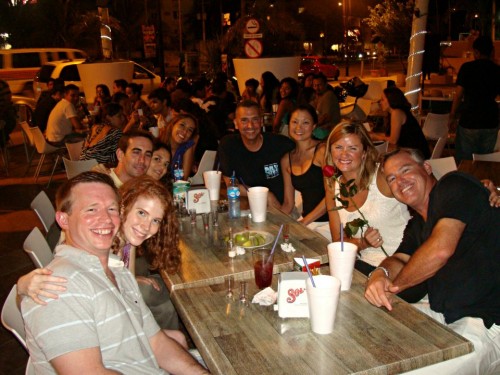 The whole crew at dinner. At this point, sight had been regained in all eyes and the 'rose incident' had passed.