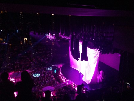 The stage of the concert prior to the show's start. Those curtains dropped to reveal an awesome stage behind.