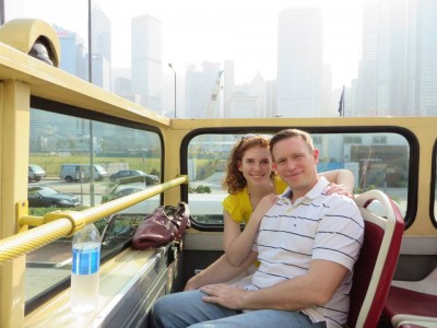 Sean and I ready to get educated about Hong Kong courtesy of the Big Bus Tour narrator.