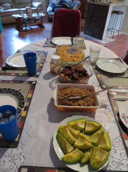 Now this is a proper Trinidad Sunday dinner: stew pork, macaroni pie, fried rice and fresh zabuca!