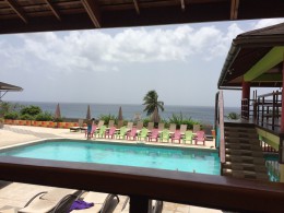 A view of the pool from the open-air lobby.