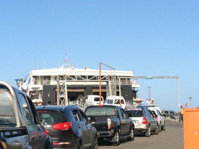 This is just a fraction of the line of cars waiting to board the ferry.