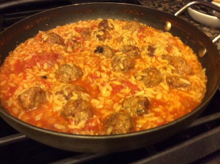orzo pasta and meatball soup in pot