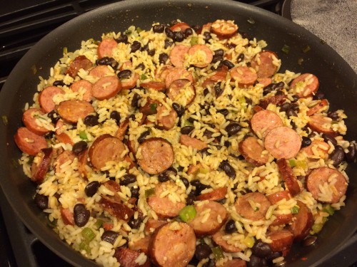 Spicy sausage and rice skillet